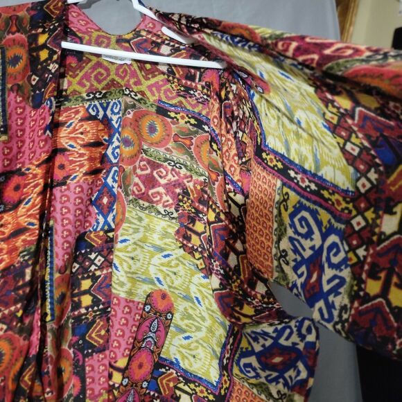 Woven Heart Patchwork Print Kimono Shawl Coverup Kaftan Robe Dress Colorful OS - Picture 11 of 16